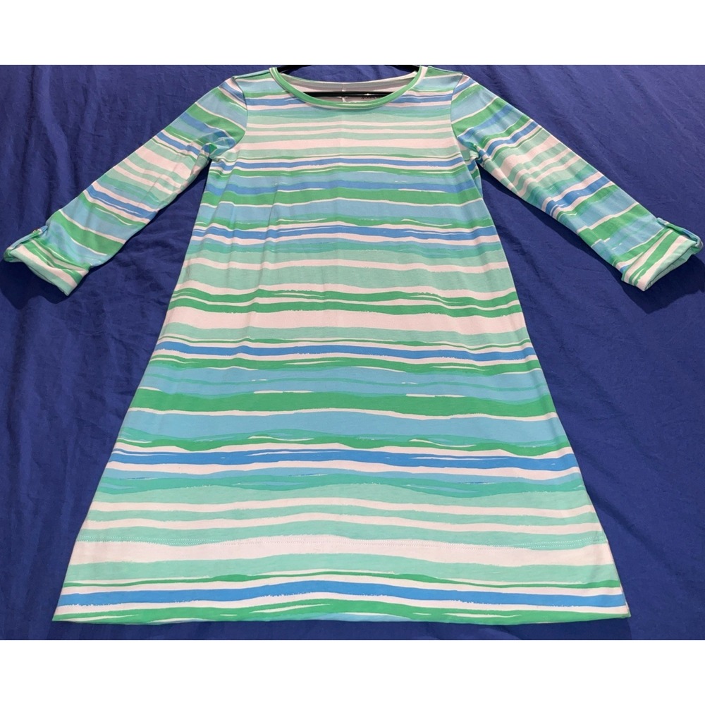 Lilly Pulitzer Pima Cotton Small Blue Green Stripe Knee Length 3/4 Sleeve Dress